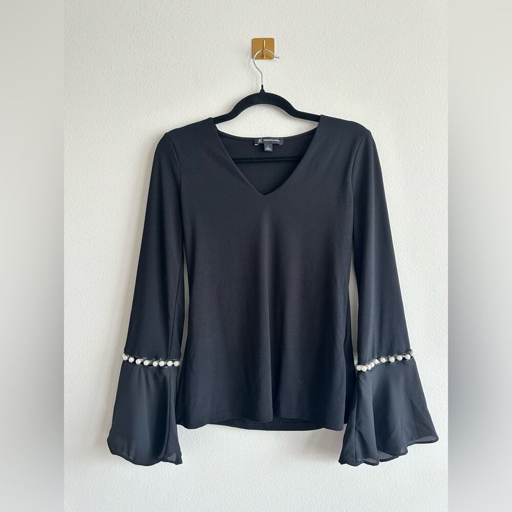 Vintage Y2k Black Bell Sleeve Top with Pearl Trim Sheer Cuffs, Soft Knit Size S